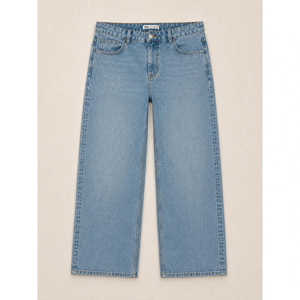 Zara Women High Waisted Wide Leg‎ Jeans Light Wash Blue Denim Size 6 28